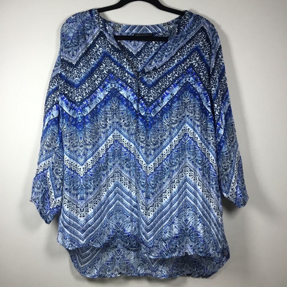 Navy blue and white sheer paisley top vee neck floaty flowy boho size XL